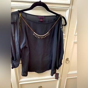 Material Girl NWT Black Sz Small Sheer Long Open Sleeve Blouse fixed gold chain